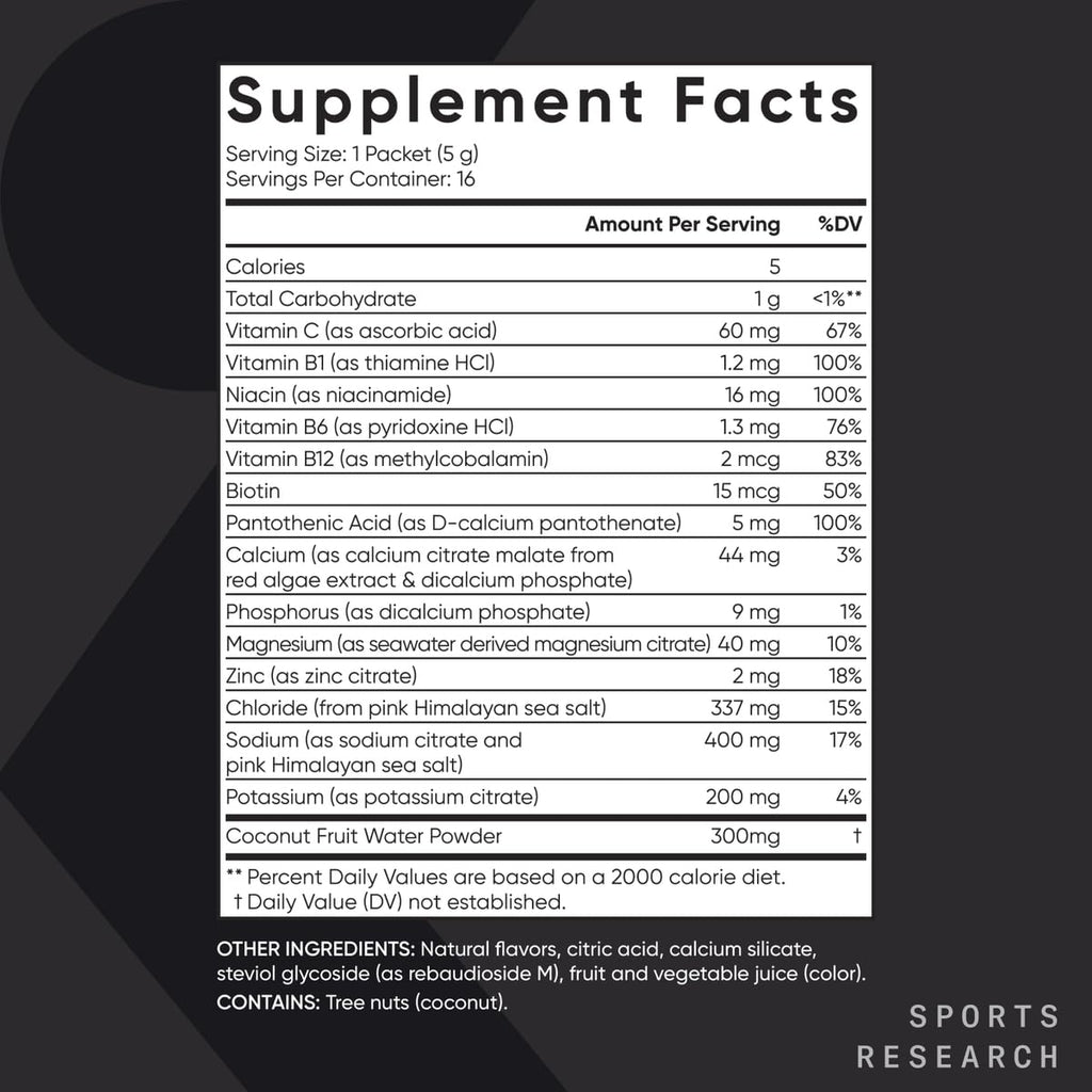 Sports Research® Hydrate Electrolytes Powder - Sugar-Free & Naturally Flavored with Vitamins, Minerals, and Coconut Water - Supports Hydration - Raspberry Lemonade - 90 Servings
