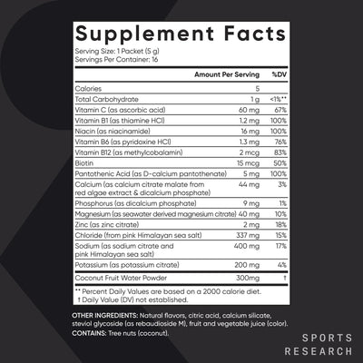 Sports Research® Hydrate Electrolytes Powder - Sugar-Free & Naturally Flavored with Vitamins, Minerals, and Coconut Water - Supports Hydration - Raspberry Lemonade - 90 Servings