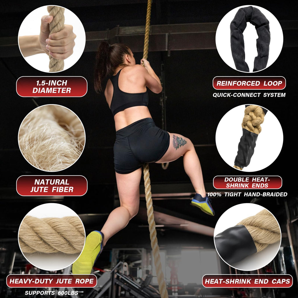 Climbing Rope Gym Workout - 1.5 Inch Diameter 10FT 15FT 20FT 25FT 30FT 35FT Heavy Duty Jute Thick Ropes for Adults Strength Training Outdoor Tree Swing Indoor Home Fitness Exercise