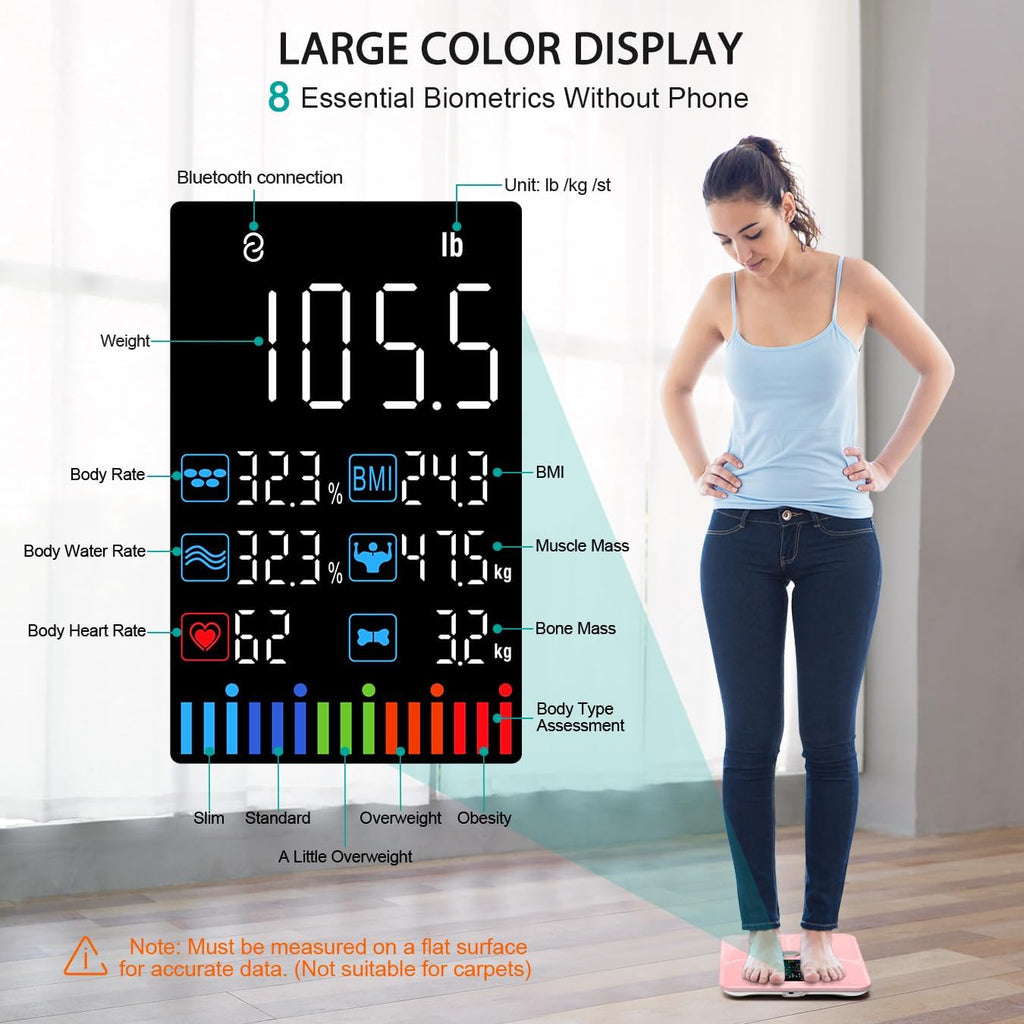 ABLEGRID Body Fat Scale,Digital Smart Bathroom Scale for Body Weight, Large Color Display Screen, 16 Body Composition Metrics BMI, Water Weigh, Heart Rate, Baby Mode, 400lb, Rechargeable