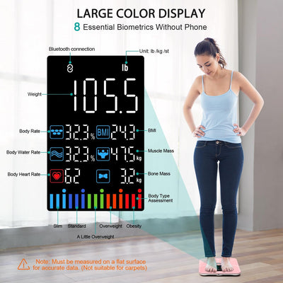 ABLEGRID Body Fat Scale,Digital Smart Bathroom Scale for Body Weight, Large Color Display Screen, 16 Body Composition Metrics BMI, Water Weigh, Heart Rate, Baby Mode, 400lb, Rechargeable