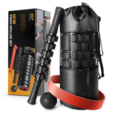 5 in1 Foam Roller Set, Trigger Point Foam Roller, Massage Roller Stick, Massage Ball, Resistance Band for Deep Muscle Massage Pilates Yoga,Fitness Exercise for Whole Body (Black-Red)