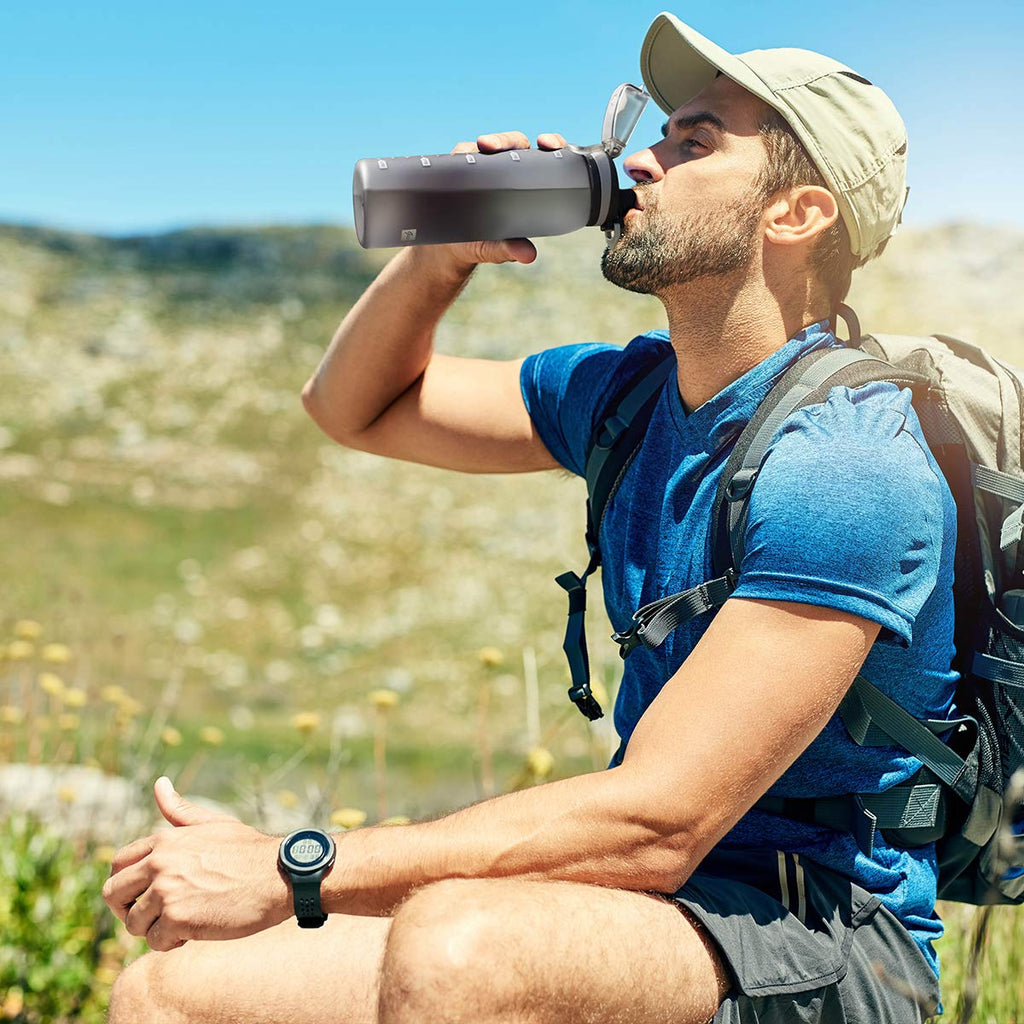 30oz Sport Water Bottle with Time Markers, Large Durable Gym Plastic Bottle Tritan BPA Free for Fitness, Outdoor Enthusiasts, Leakproof Gray (Pack of 1)