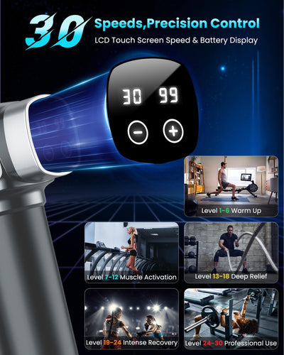 Deep Tissue Massage Gun, Portable Percussion Electric Muscle Massager for Pain Relief, Handheld Massagers with 30 Speeds & 6 Attachments for Back and Neck, Gifts for Men Women