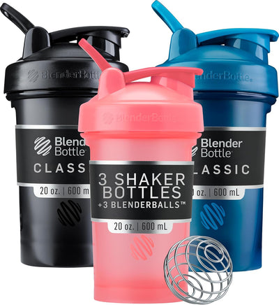 BlenderBottle Classic V2 Shaker Bottle Perfect for Protein Shakes and Pre Workout, 20-Ounce (3 Pack), Black, Navy, Pink