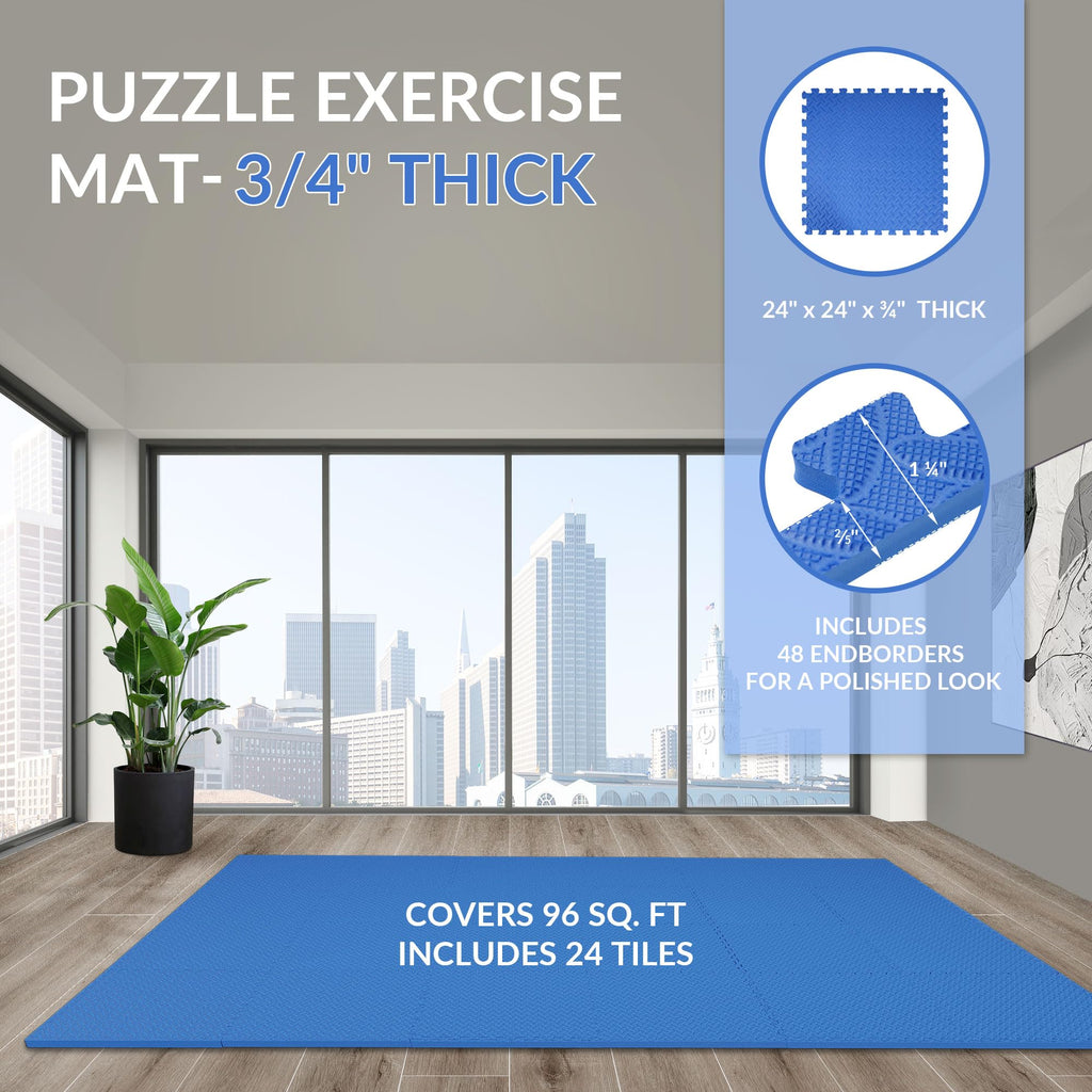 Fitvids Puzzle Exercise Gym Flooring Mat, 3/4" Thick High-Density EVA Interlocking Tiles, Workout Mat for Home Gym, Fitness Equipment, MMA, Gymnastics, 24-Piece Shock-Absorbing Exercise Mat (96 Sq Ft)
