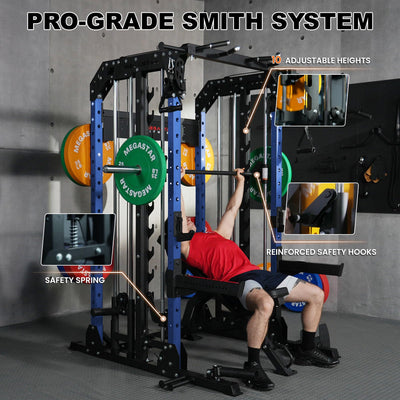 Smith Machine Home Gym with Aluminum Pulley Set- 2000lbs Capacity All-in-One Power Rack with Cable Crossover, Pull-Up Bar & Dip Station, Includes 18 Attachments, P107 Anvil