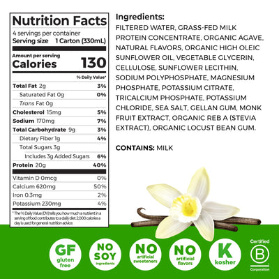 Orgain Clean Protein Shake, Grass Fed Dairy, Vanilla Bean - 20g Whey High Protein, Kosher, Ready to Drink, Low Net Carbs, Gluten Free, No Soy Ingredients, 11 Fl Oz (Pack of 12)