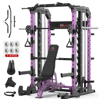 Smith Machine Home Gym with Aluminum Pulley Set- 2000lbs Capacity All-in-One Power Rack with Cable Crossover, Pull-Up Bar & Dip Station, Includes 18 Attachments, P107 Anvil
