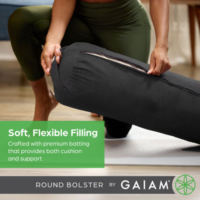 Gaiam Round Yoga Bolster Pillow, Soft Meditation Cushion for Yoga, Massage and Back Support, Breathable Cotton Fill, Zippered Microfiber Cover, Easy-Carry Handle, Machine Washable