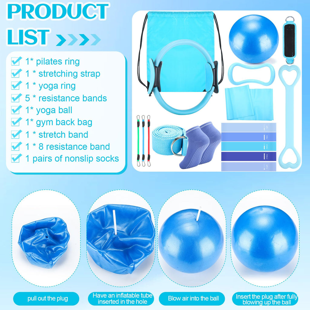 Pilates Ring Circle Set 18 Pcs Exercise Equipment Accessories for Women Workouts Pilates Ball Stretching Strap Magic Circle Yoga Ring Gym Back Bag Resistance Band Anti Slip Socks