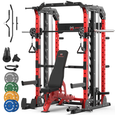Smith Machine Home Gym with Aluminum Pulley Set- 2000lbs Capacity All-in-One Power Rack with Cable Crossover, Pull-Up Bar & Dip Station, Includes 18 Attachments, P107 Anvil