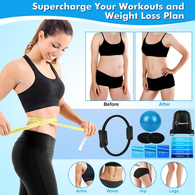 Pilates Ring Set with Resistance Bands Set, Pilates Ball, Sliding Disks – Workout Equipment Home Gym Includes Complete Fitness Poster