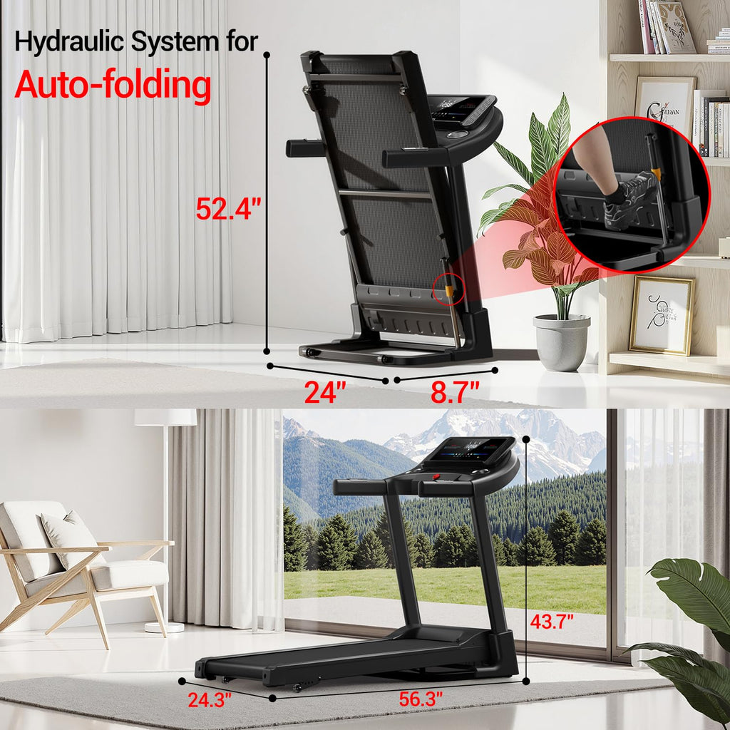 12% Incline Treadmill with Handle, 3-in-1 Portable Treadmills for Home and Office, Foldable Treadmills with 300 Lbs Weight Capacity, 3.0HP Quiet Walking Pad Treadmill, Three Touch Screen