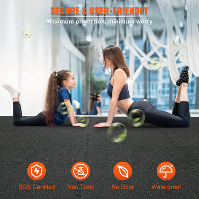 VEVOR 0.56Inch 48sq.ft 12 Tiles Gym Flooring for Home Gym, Rubber Top with High Density EVA Foam, 25 x 25In Gym Floor Exercise Equipment Mats, Interlocking Gym Mats, Puzzle Workout Mats, Black & Gray