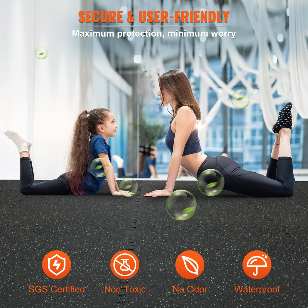 VEVOR 0.56Inch 48sq.ft 12 Tiles Gym Flooring for Home Gym, Rubber Top with High Density EVA Foam, 25 x 25In Gym Floor Exercise Equipment Mats, Interlocking Gym Mats, Puzzle Workout Mats, Black & Gray