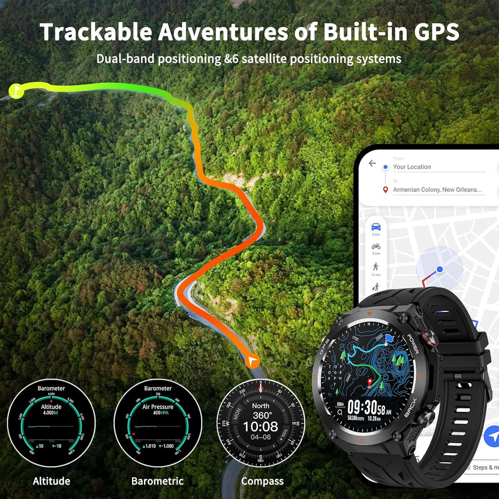 Military Smart Watch with GPS, Pressure/Altitude/Compass, Rugged Smartwatch for Men with 650mAh Extra-Large Battery, Answer/Make Call, 100+ Sports Mode, Metal Body Fitness Tracker for Android iOS