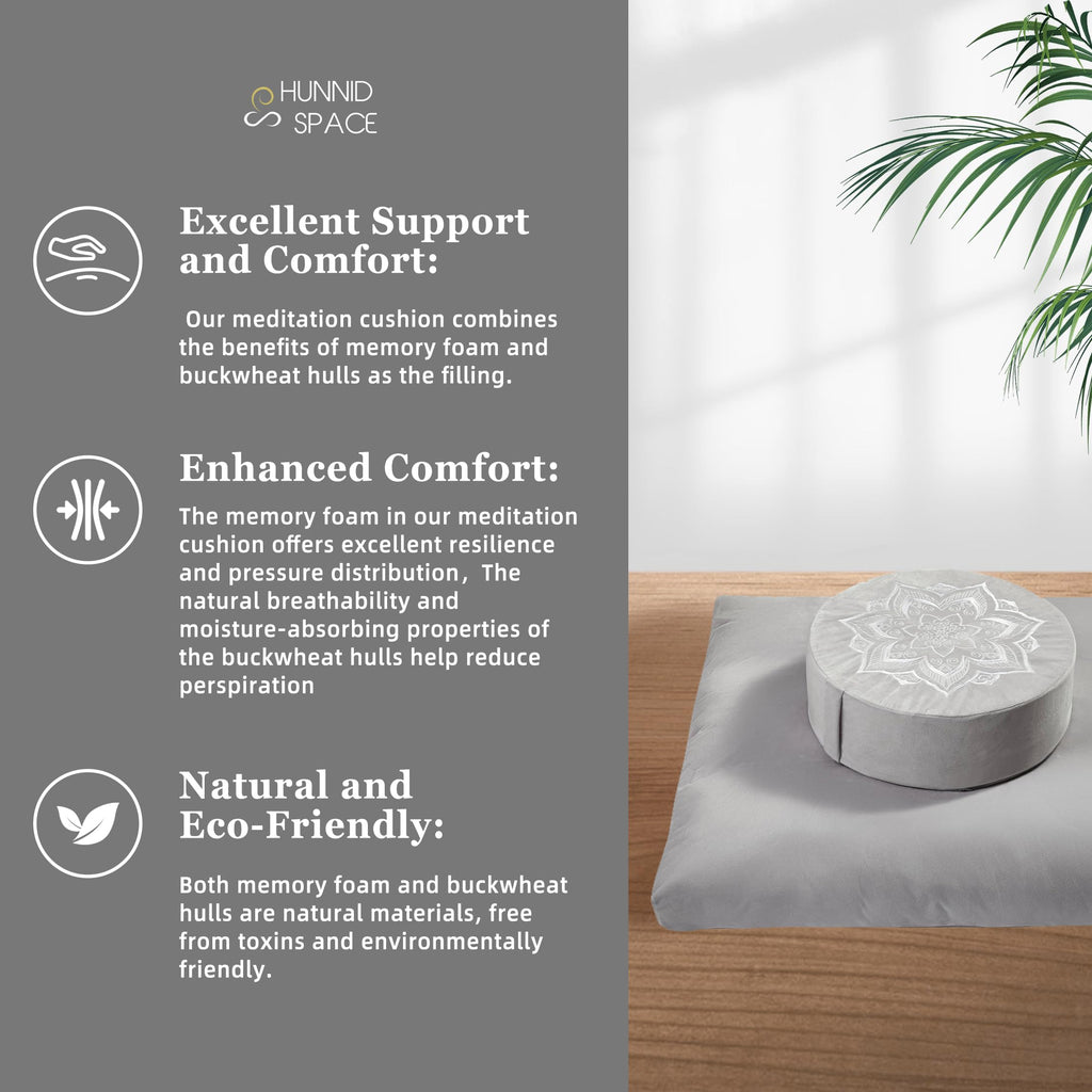 Meditation Zafu Cushion Set with Buckwheat Hulls & Memory Foam - Ergonomic Support for Yoga & Sitting - Removable Machine-Washable Luxury Velvet Cover - for Adults and Kids (Blue)