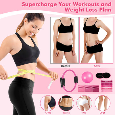 Pilates Ring Set with Resistance Bands Set, Pilates Ball, Sliding Disks – Workout Equipment Home Gym Includes Complete Fitness Poster