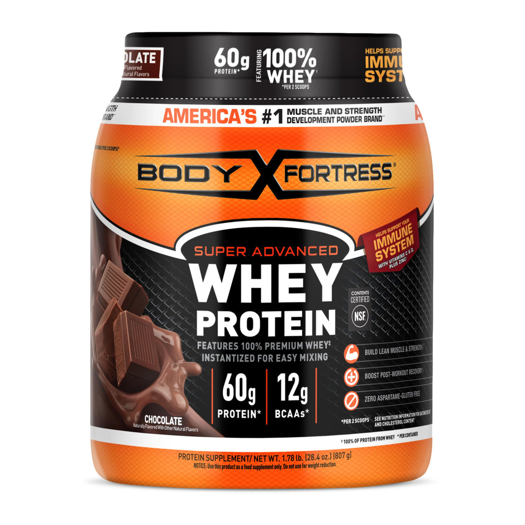 Body Fortress Super Advanced Whey Protein Powder, Strawberry, Immune Support (1), Vitamins C & D Plus Zinc, 1.78 lbs