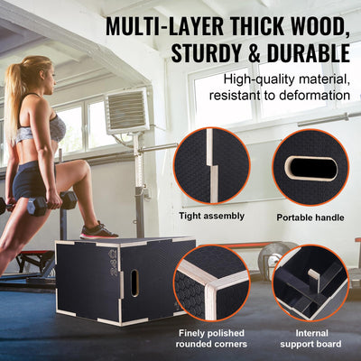 VEVOR 3 in 1 Plyometric Jump Box, Easy-to-Assemble Wood Plyo Box for Jumping Trainers, Home Gym Training and Conditioning