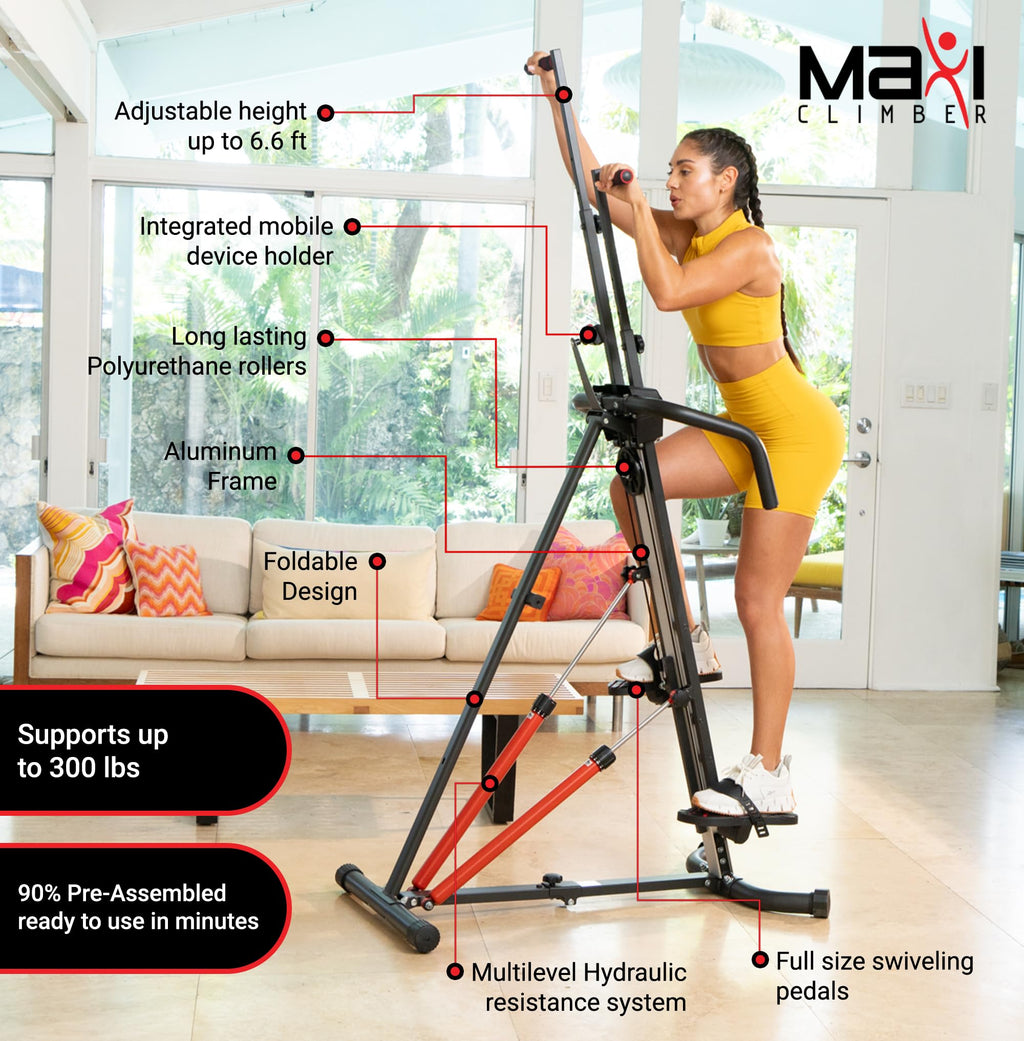 MaxiClimber XL Vertical Climbers - The Original Compact, Mountain Climber, Stair Stepper Exercise Machines - XL-2000 HRS (Hydraulic Resistance System, 12 Level) - Free Coach-led Classes & Fitness App