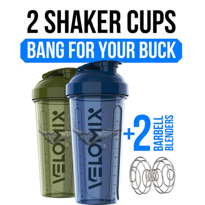 VELOMIX -2 Pack- 28 oz Protein Shaker Bottles for Protein Mixes - 2x Wire Whisk | Leak Proof Shaker Cups for Protein Shakes | Protein Shaker Bottle Pack (Black/Transparent)