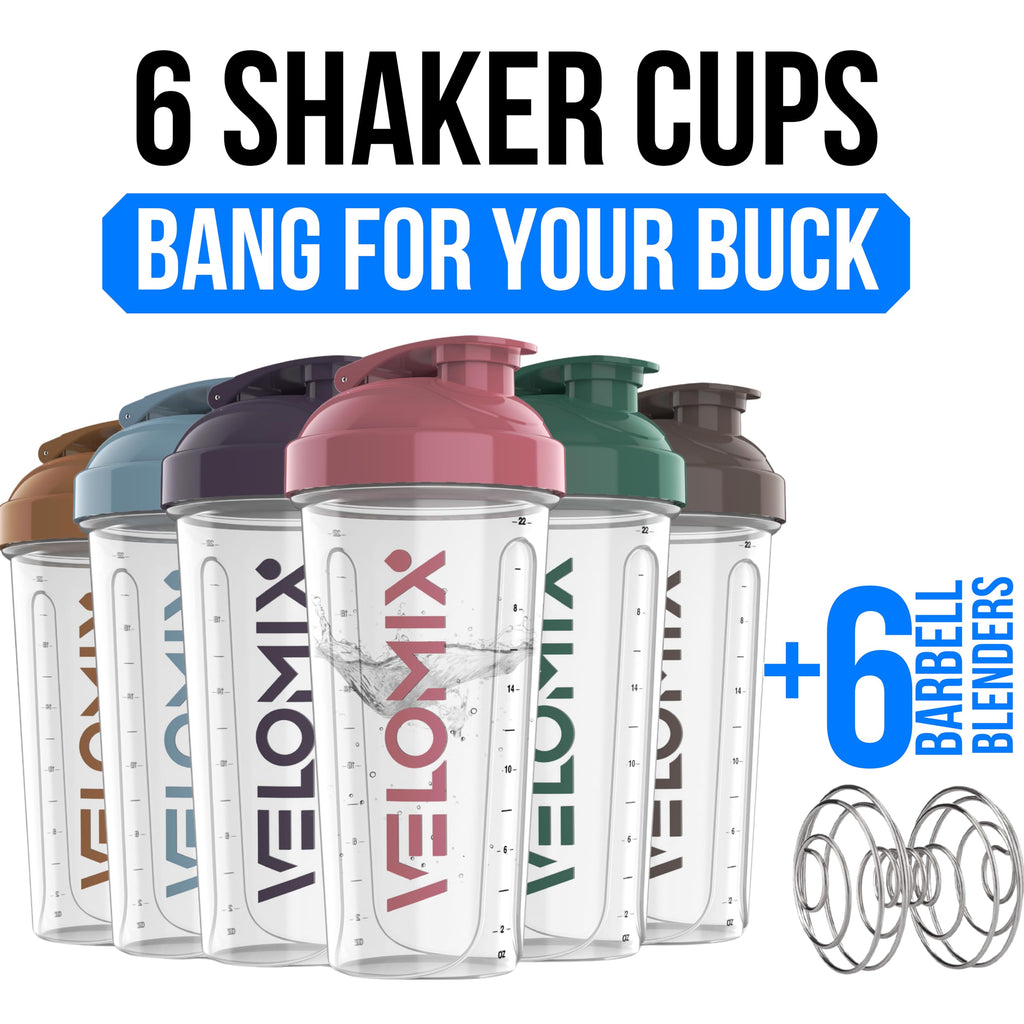 VELOMIX -6 PACK- 28 oz Protein Shaker Bottle for Protein Mixes - 6x Wire Whisk | Leak Proof Shaker Cups for Protein Shakes | Protein Shaker Bottle Pack | Protein Shake Cup (Earth Tones Collection)
