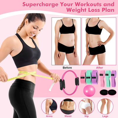 Pilates Ring Set with Resistance Bands Set, Pilates Ball, Sliding Disks – Workout Equipment Home Gym Includes Complete Fitness Poster
