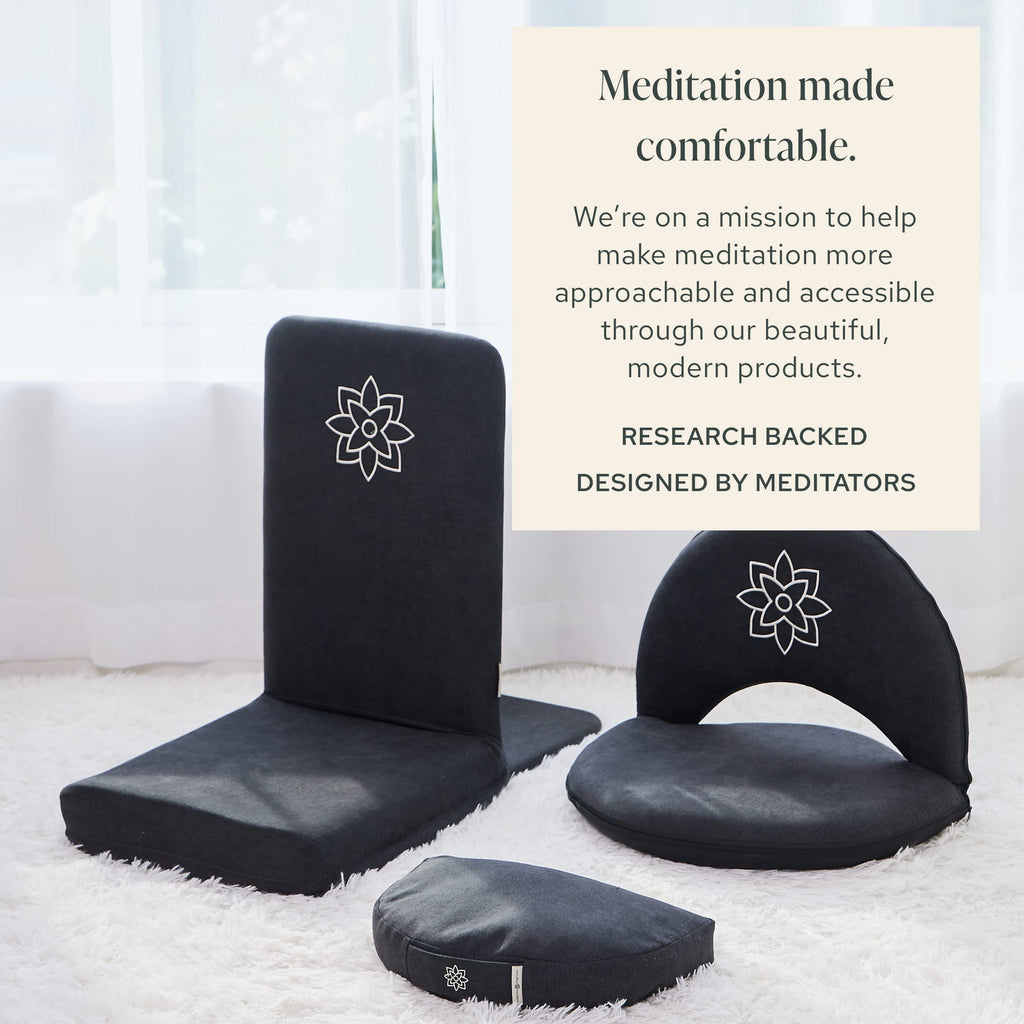 Mindful Modern Folding Pro Meditation Chair - Adjustable Meditation Seat with Back Support and Half Moon Buckwheat Meditation Cushion - Comfortable Mindfulness Living Room Floor Chair
