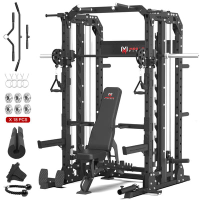 Smith Machine Home Gym with Aluminum Pulley Set- 2000lbs Capacity All-in-One Power Rack with Cable Crossover, Pull-Up Bar & Dip Station, Includes 18 Attachments, P107 Anvil