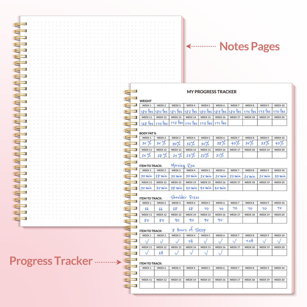 Fitness Journal Workout Planner for Women & Men, A5 (6.4" x 8.3") Workout Journal Log Book Planner Gift for Track Gym Essentials, Home Workouts, Track Progress, Achieve Wellness Goals, Pink