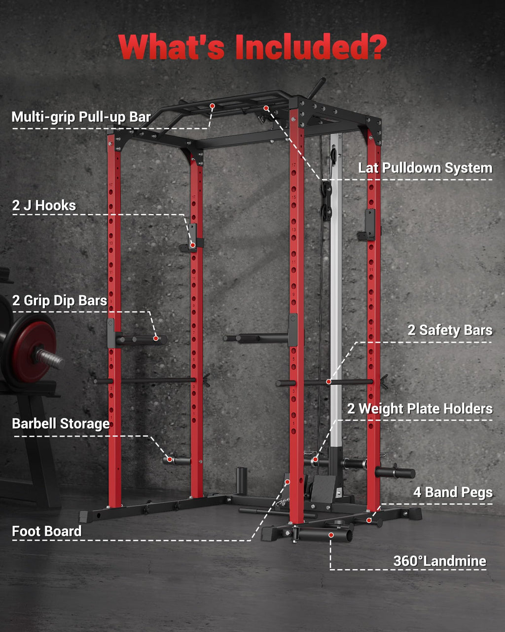 GarveeLife Power Cage, Power Racks for Home Gym with Pulley System, 1200 LBS Weight Capacity Multi-Functional Squat Rack for Strength Workout with More Training Attachment (Red D1002)