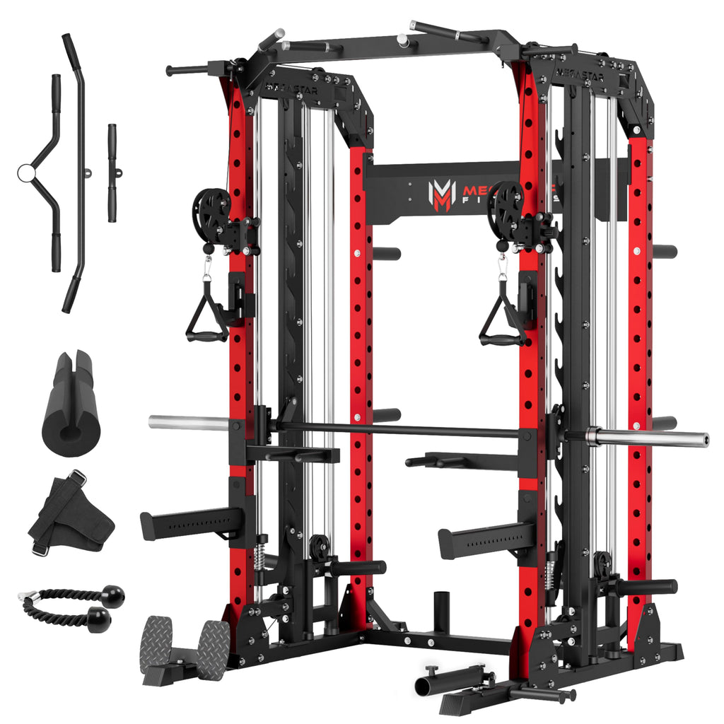 Smith Machine Home Gym with Aluminum Pulley Set- 2000lbs Capacity All-in-One Power Rack with Cable Crossover, Pull-Up Bar & Dip Station, Includes 18 Attachments, P107 Anvil