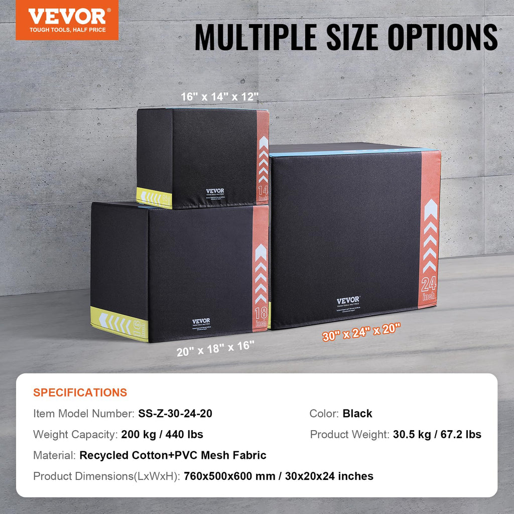 VEVOR 3 in 1 Plyometric Jump Box, Cotton Plyo Box, Platform & Jumping Agility Box, Anti-Slip Fitness Exercise Step Up Box for Home Gym Training, Conditioning Strength Training, Multiple Sizes, Black