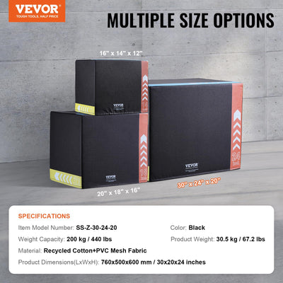 VEVOR 3 in 1 Plyometric Jump Box, Cotton Plyo Box, Platform & Jumping Agility Box, Anti-Slip Fitness Exercise Step Up Box for Home Gym Training, Conditioning Strength Training, Multiple Sizes, Black