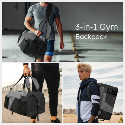 Gym Bag for Men with 2 Upgraded Bottle Holders Convertible Duffle Bag and Gym Backpack Waterproof Sports Bags with Shoes Compartment and Wet Pocket - Black