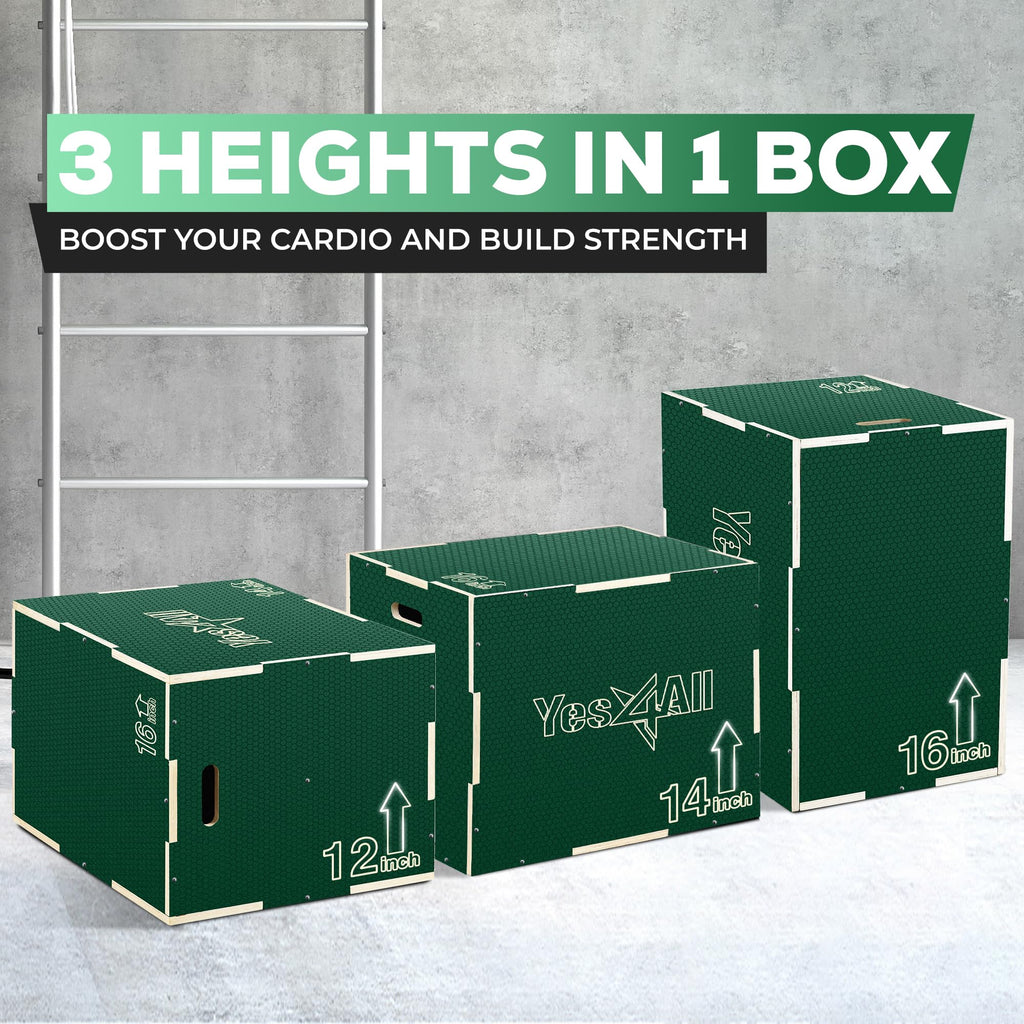 Yes4All 3 in 1 Non-Slip Wooden Plyo Box, Step Up Box for Workout, Plyometric Jump Box for Skipping, Jumping, Lunges, Squats, Dips