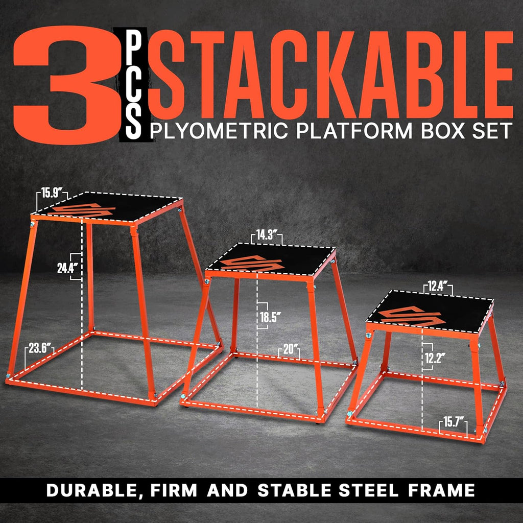 SQUATZ 3 Pcs Plyometric Platform Box - Small, Medium, Large Sized Platform Boxes Covered with Anti-Skid Rubber for Home Gym Training, Comes with 3 Platform Boxes - Firm, Durable, and Stable Frame