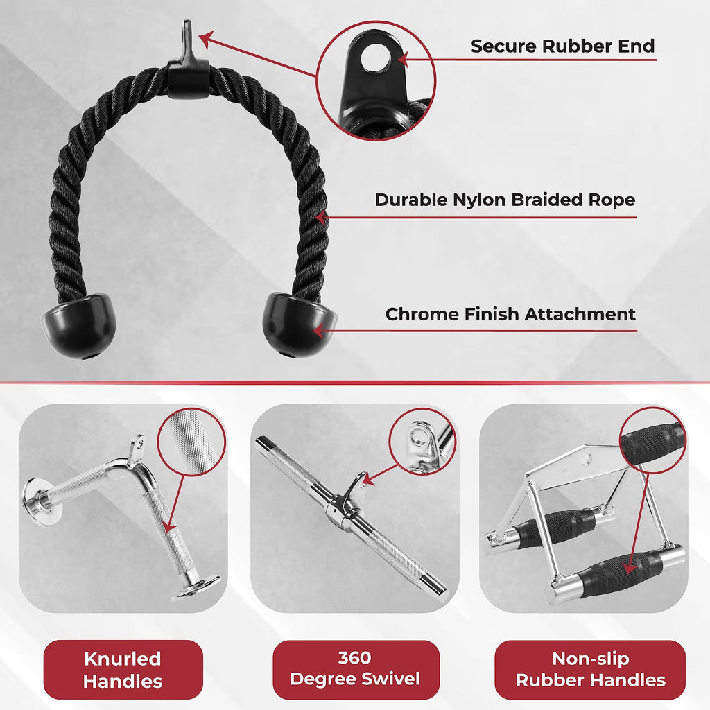 Yes4All Cable Machine Attachment, Row Handles, Tricep Rope, Straight Bar, V Bar, LAT Pulldown Accessories Load 880 LB for Home Gym