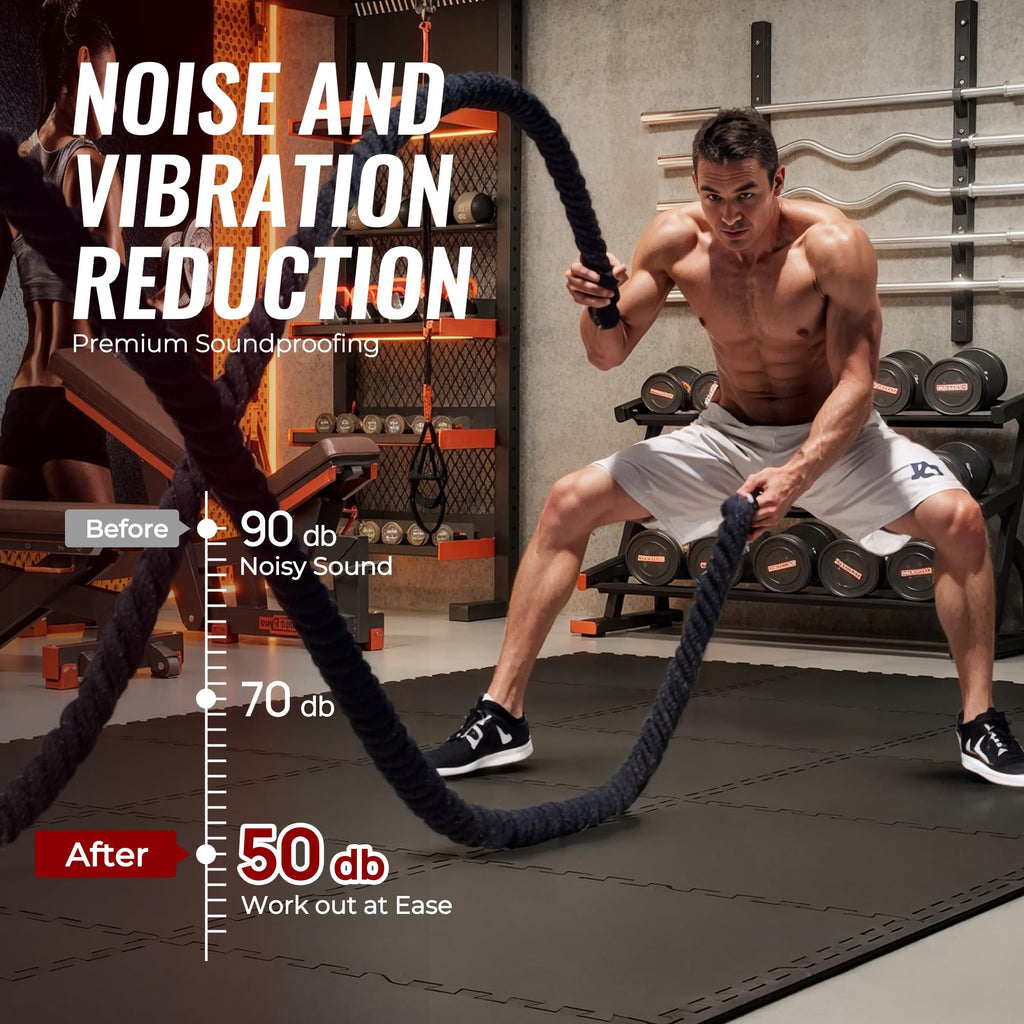 SUPERJARE 0.56'' Thick 12 Pcs 48 Sq Ft Rubber Top Exercise Equipment Mats, High Density EVA Foam Mats with Rubber Top, Interlocking Gym Flooring for Home Gym, Protective Workout Mat, Black/Grey