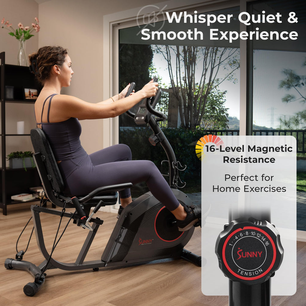 Sunny Health & Fitness Smart Heavy-Duty Recumbent Bike w/Wide Cushioned Seat & Back, Indoor Cycling Machine for Adult/Seniors Home Exercise, Free SunnyFit App Connect, Optional Workout Training Bands