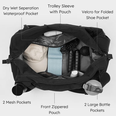 Gym Bag for Men with 2 Upgraded Bottle Holders Convertible Duffle Bag and Gym Backpack Waterproof Sports Bags with Shoes Compartment and Wet Pocket - Black