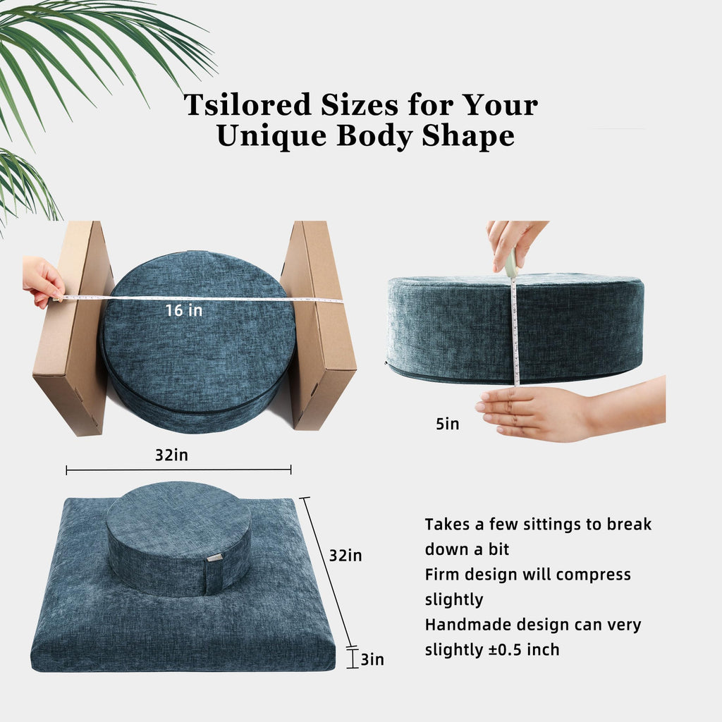 Meditation Zafu Cushion Set with Buckwheat Hulls & Memory Foam - Ergonomic Support for Yoga & Sitting - Removable Machine-Washable Luxury Velvet Cover - for Adults and Kids (Blue)