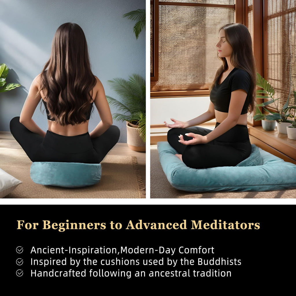 Meditation Zafu Cushion Set with Buckwheat Hulls & Memory Foam - Ergonomic Support for Yoga & Sitting - Removable Machine-Washable Luxury Velvet Cover - for Adults and Kids (Blue)