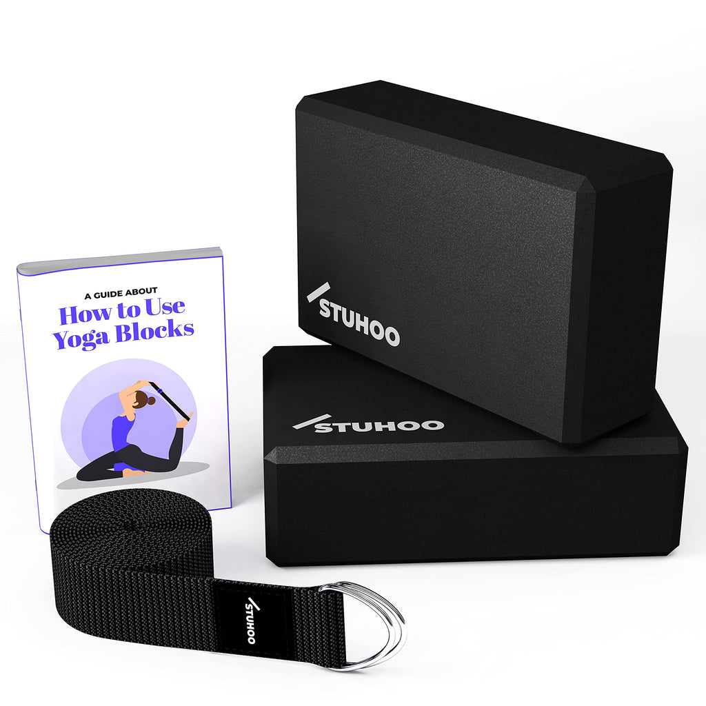 STUHOO Yoga Blocks 2 pack and Yoga Strap Includes Descriptive E-book for Beginners Sturdy Yoga Brick & Lightweight Eva Foam Block Support Deepen Poses, Provides Strength & Stability for Pilates Practice