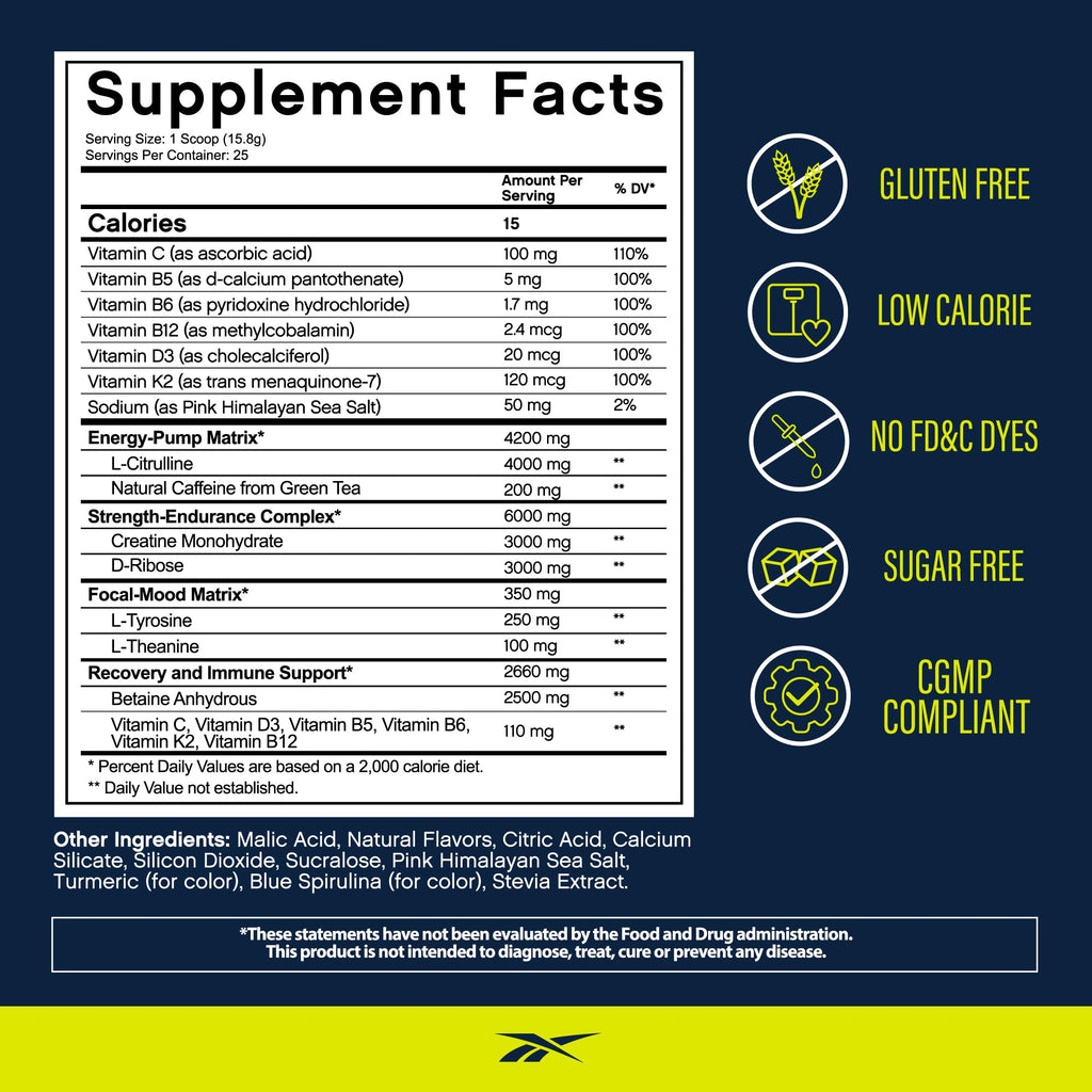 Reebok Pre-Workout Powder | 200mg Natural Caffeine, 3g Creatine Monohydrate | Clean Energy Pre Workout for Strength, Focus & Pump | Informed-Sport Certified | ReeEnergize | Sour Green Apple