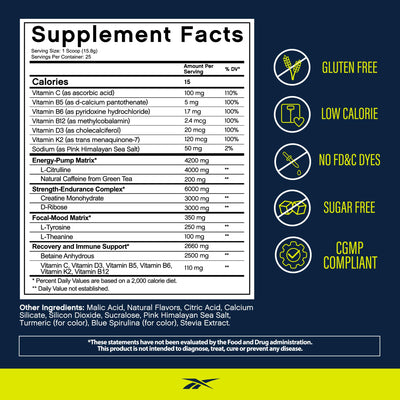 Reebok Pre-Workout Powder | 200mg Natural Caffeine, 3g Creatine Monohydrate | Clean Energy Pre Workout for Strength, Focus & Pump | Informed-Sport Certified | ReeEnergize | Sour Green Apple