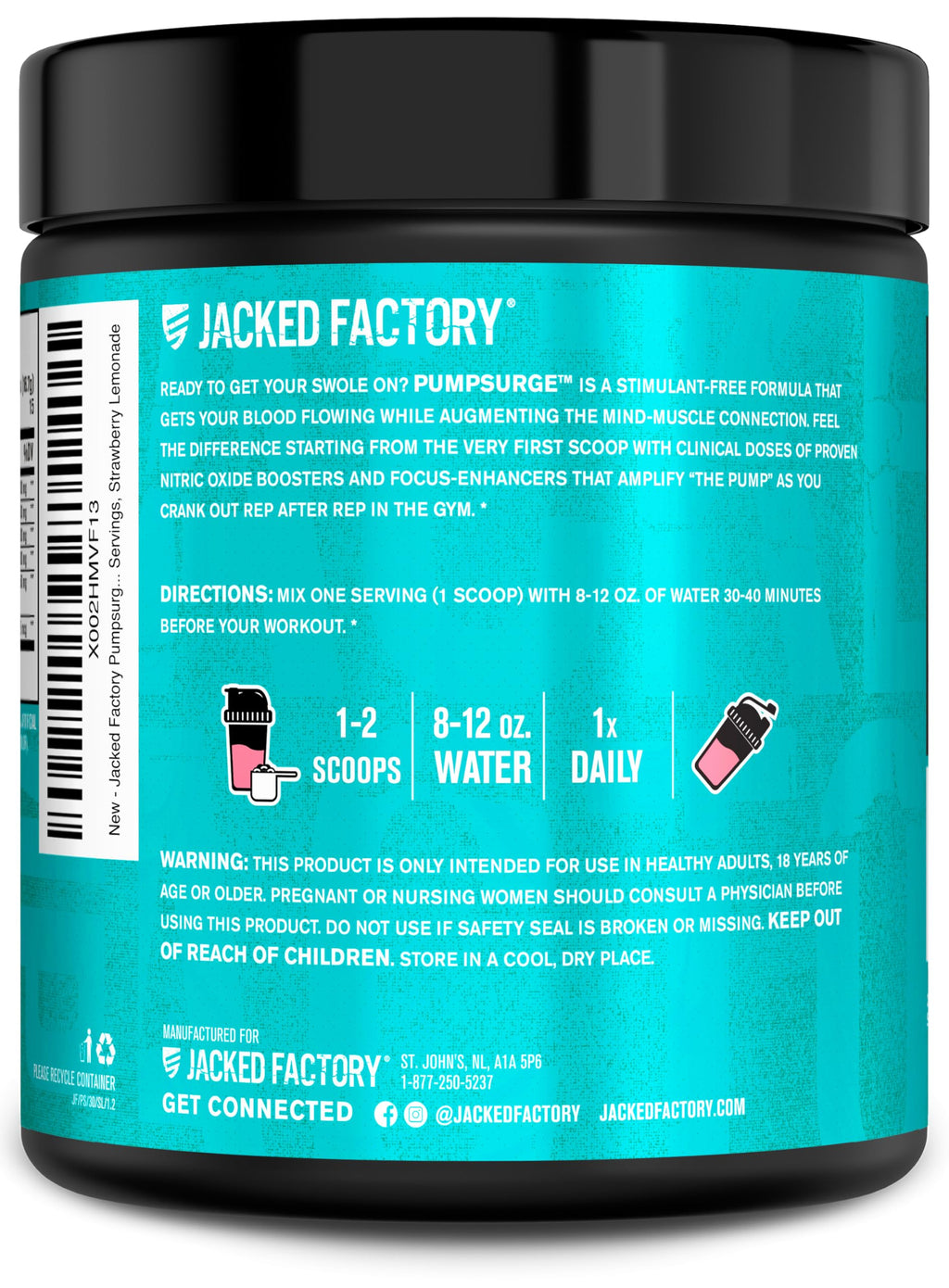 Jacked Factory Pumpsurge Caffeine Free Pre Workout for Men & Women - Nootropic Booster & Stim Free Pre Workout - Intense Pumps, Enhanced Focus - 30 Servings, Strawberry Lemonade