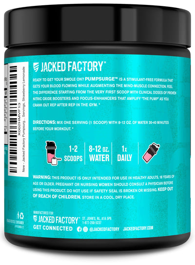 Jacked Factory Pumpsurge Caffeine Free Pre Workout for Men & Women - Nootropic Booster & Stim Free Pre Workout - Intense Pumps, Enhanced Focus - 30 Servings, Strawberry Lemonade